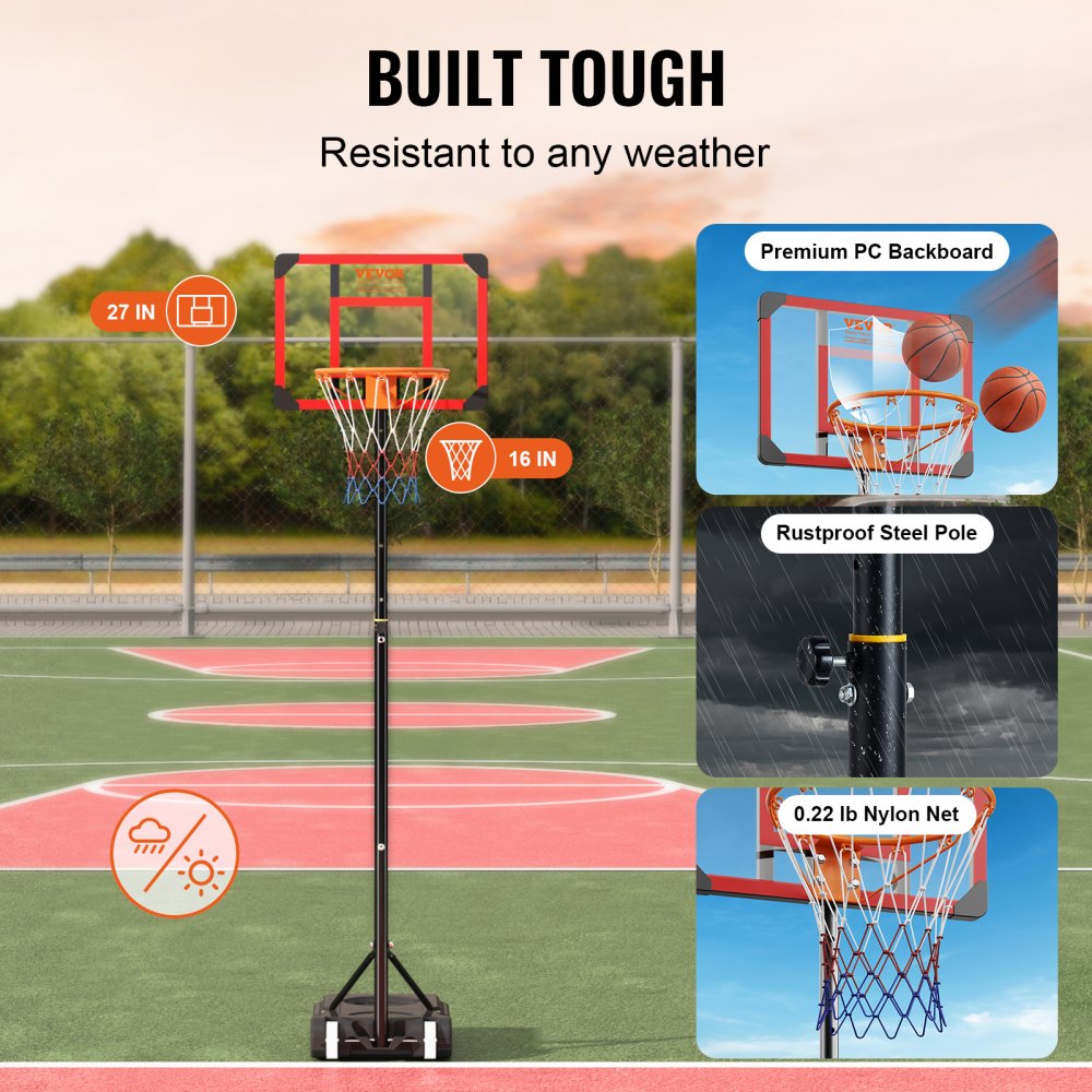 AMITOOLS Basketball Hoop, 5-7 ft Adjustable Height Portable Backboard System, 28 inch Basketball Hoop & Goal, Kids & Adults Basketball Set with Wheels, Stand, and Fillable Base, for Outdoor/Indoor