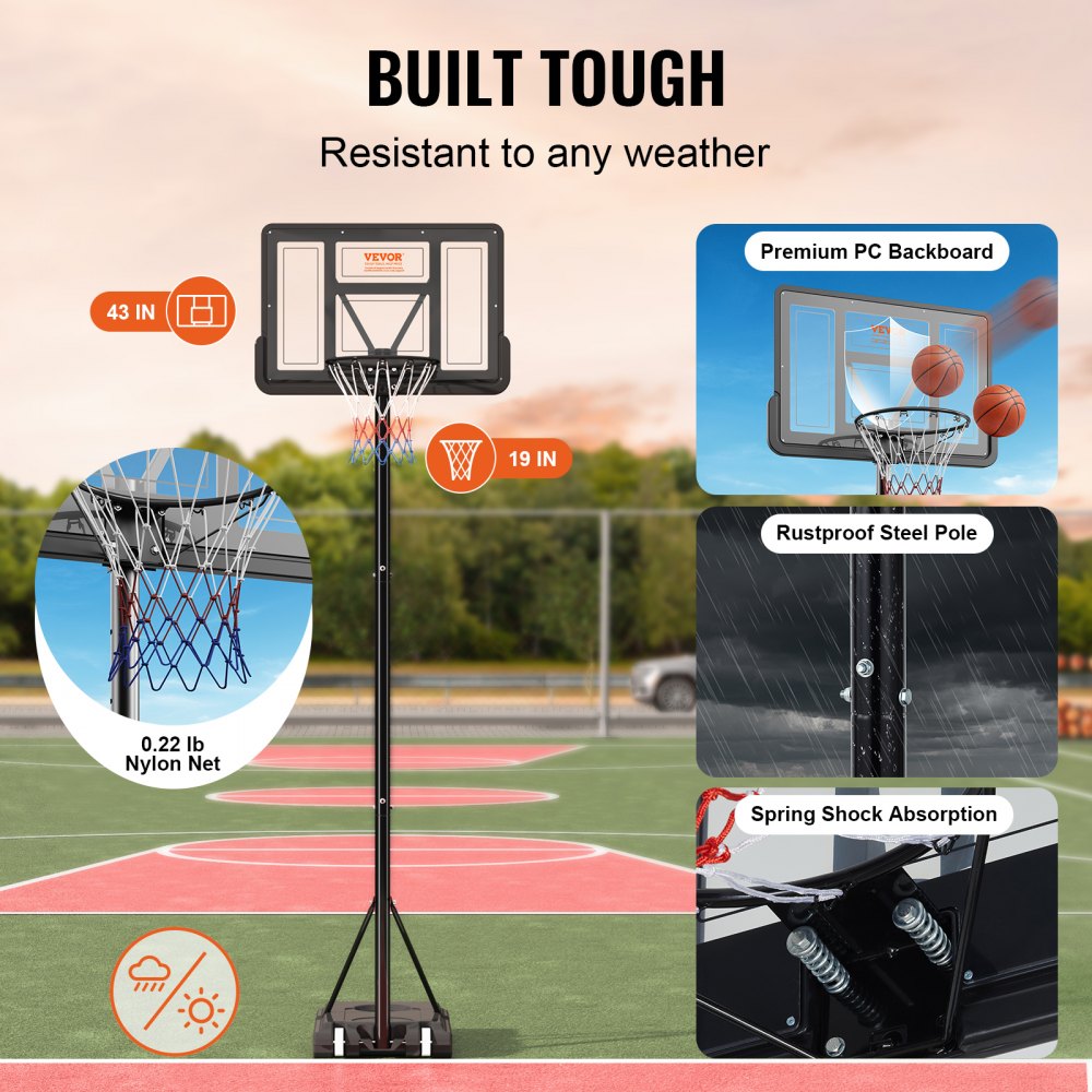 AMITOOLS Basketball Hoop, 4-10 ft Adjustable Height Portable Backboard System, 44 inch Basketball Hoop & Goal, Kids & Adults Basketball Set with Wheels, Stand, and Fillable Base, for Outdoor/Indoor