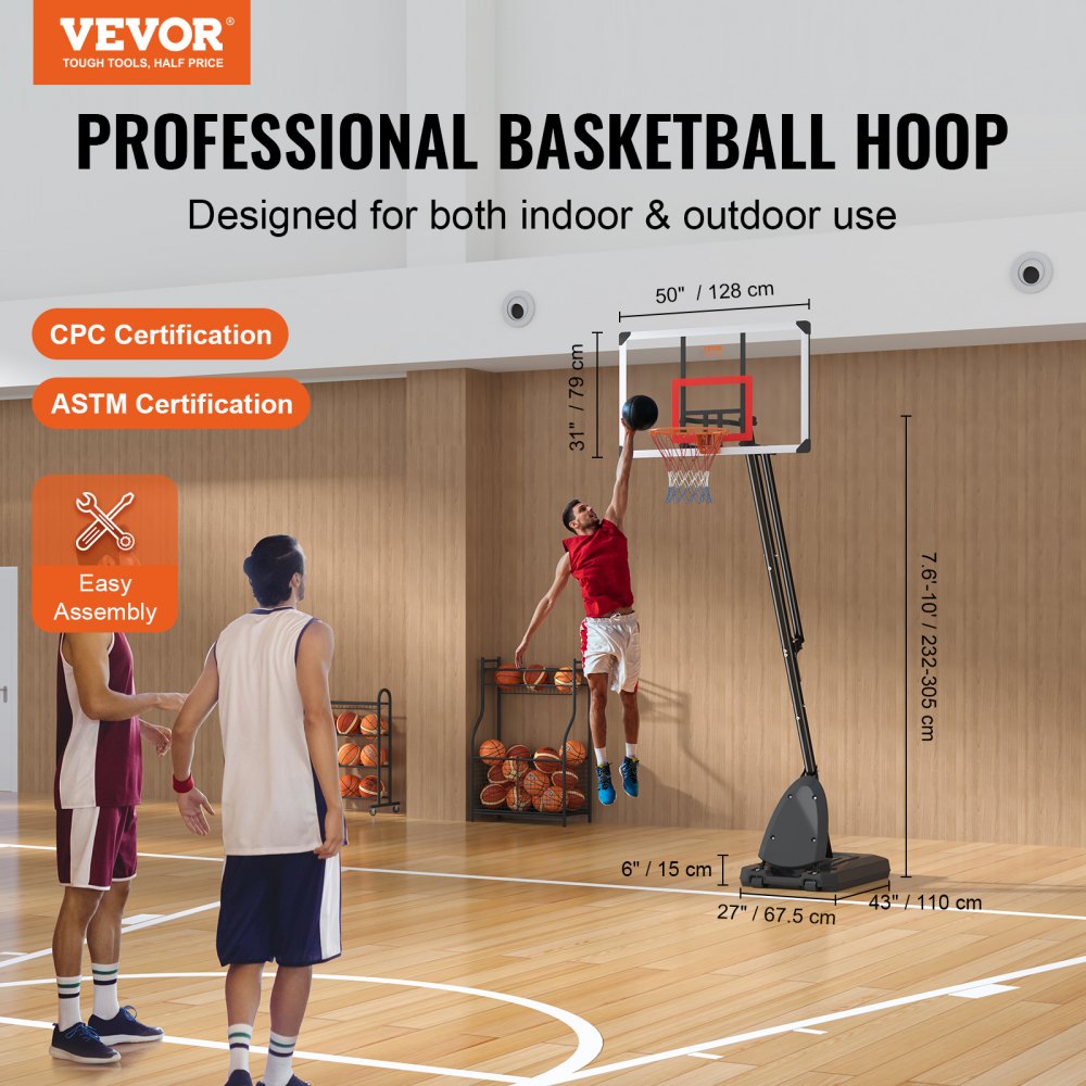 AMITOOLS Basketball Hoop, 7.6-10 ft Adjustable Height Portable Backboard System, 50 inch Basketball Hoop & Goal, Kids & Adults Basketball Set with Wheels, Stand, and Fillable Base, for Outdoor/Indoor