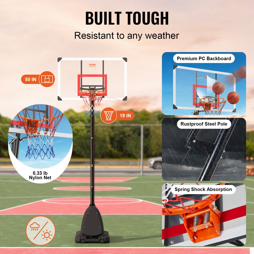 AMITOOLS Basketball Hoop, 7.6-10 ft Adjustable Height Portable Backboard System, 50 inch Basketball Hoop & Goal, Kids & Adults Basketball Set with Wheels, Stand, and Fillable Base, for Outdoor/Indoor