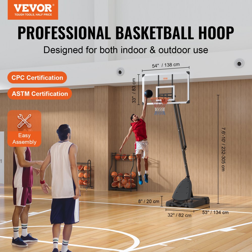 AMITOOLS Basketball Hoop, 7.6-10 ft Adjustable Height Portable Backboard System, 54 inch Basketball Hoop & Goal, Kids & Adults Basketball Set with Wheels, Stand, and Fillable Base, for Outdoor/Indoor