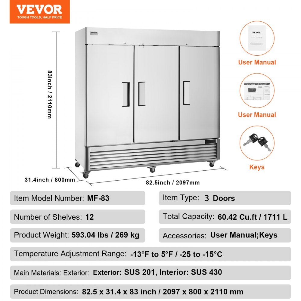 AMITOOLS Commercial Freezer 60.42 Cu.ft, Reach In 82.5