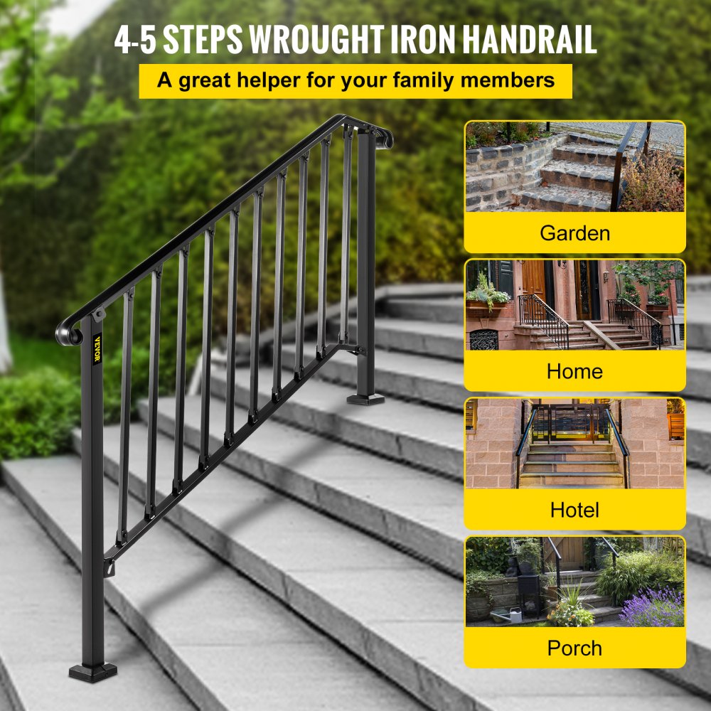 AMITOOLS Handrails for Outdoor Steps, Fit 4 or 5 Steps Outdoor Stair Railing, Picket#4 Wrought Iron Handrail, Flexible Porch Railing, Black Transitional Handrails for Concrete Steps or Wooden Stairs