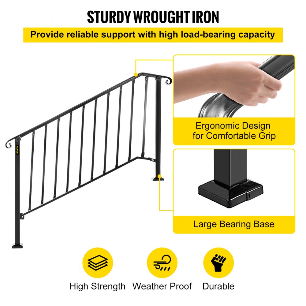 AMITOOLS Handrails for Outdoor Steps, Fit 4 or 5 Steps Outdoor Stair Railing, Picket#4 Wrought Iron Handrail, Flexible Porch Railing, Black Transitional Handrails for Concrete Steps or Wooden Stairs