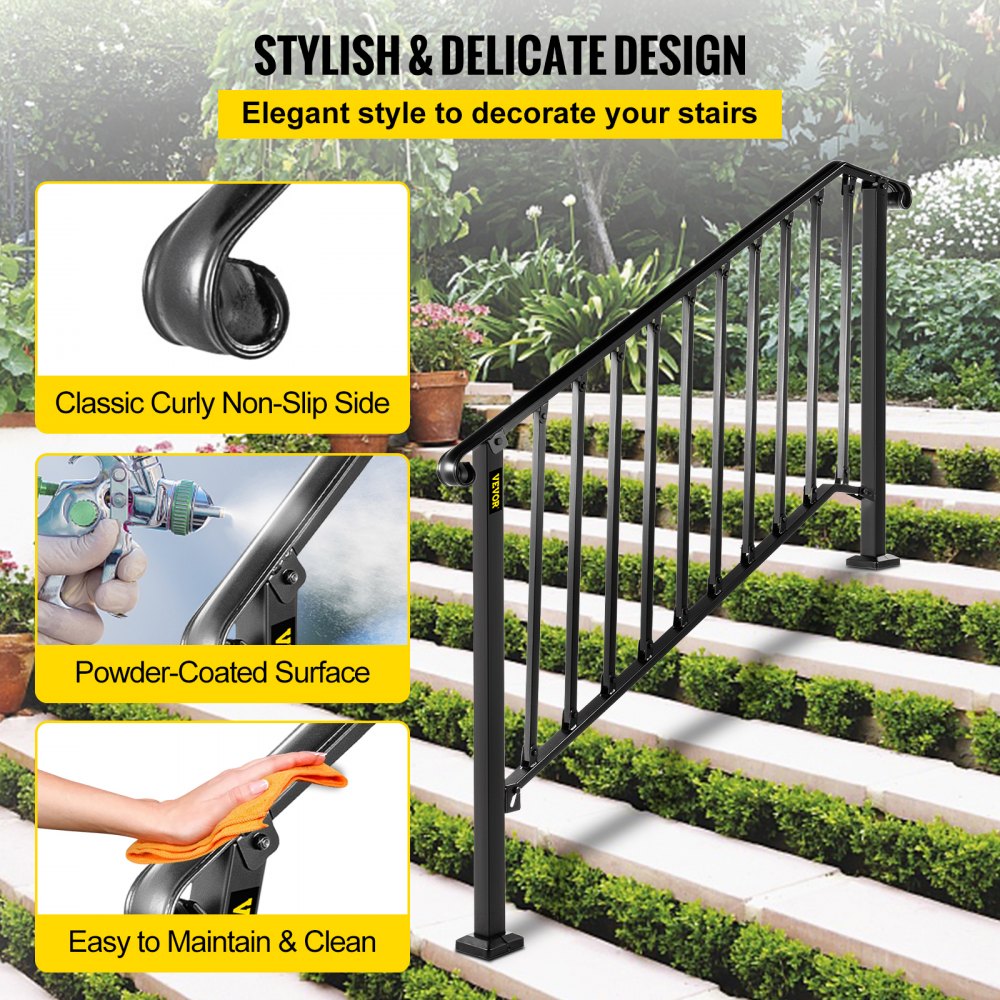 AMITOOLS Handrails for Outdoor Steps, Fit 4 or 5 Steps Outdoor Stair Railing, Picket#4 Wrought Iron Handrail, Flexible Porch Railing, Black Transitional Handrails for Concrete Steps or Wooden Stairs