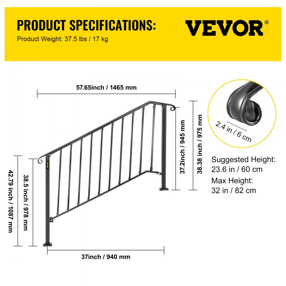 AMITOOLS Handrails for Outdoor Steps, Fit 4 or 5 Steps Outdoor Stair Railing, Picket#4 Wrought Iron Handrail, Flexible Porch Railing, Black Transitional Handrails for Concrete Steps or Wooden Stairs