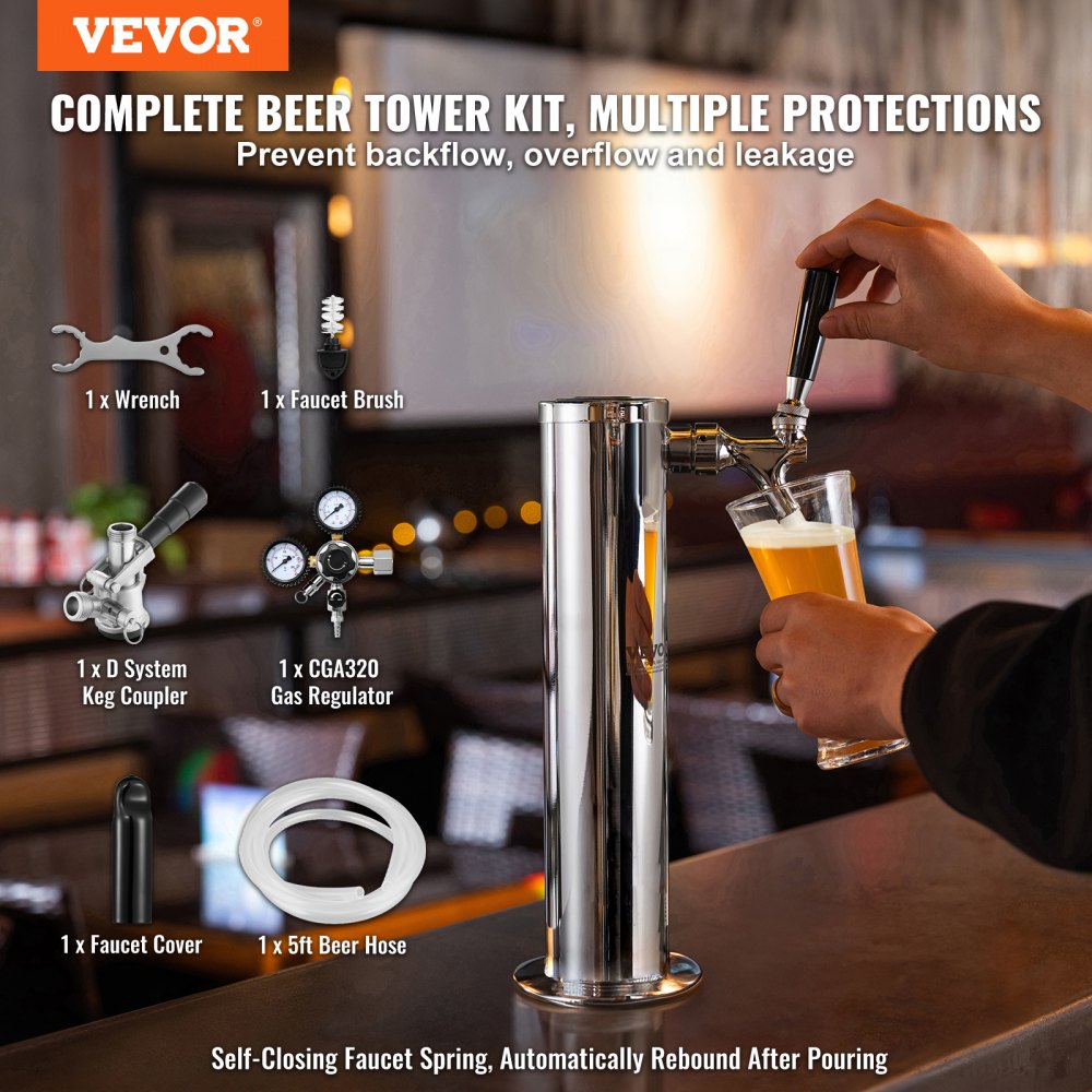 AMITOOLS Kegerator Tower Kit, Single Tap Beer Conversion Kit, Stainless Steel Keg Beer Tower Dispenser with Dual Gauge CGA320 Regulator & D-System Keg Coupler, Self-Closing Spring for Party Bar Home