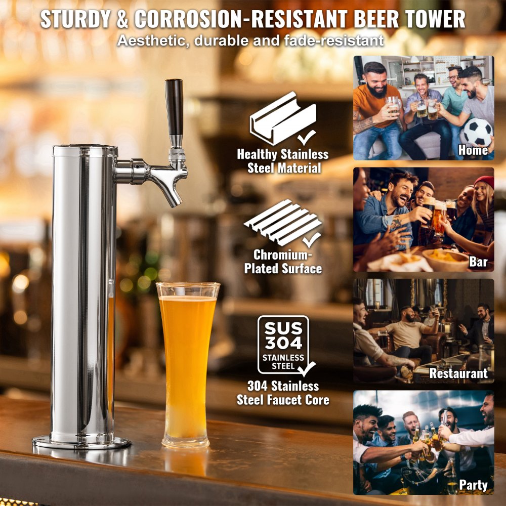 AMITOOLS Kegerator Tower Kit, Single Tap Beer Conversion Kit, Stainless Steel Keg Beer Tower Dispenser with Dual Gauge CGA320 Regulator & D-System Keg Coupler, Self-Closing Spring for Party Bar Home