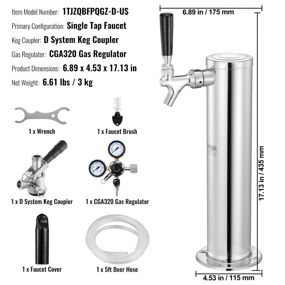 AMITOOLS Kegerator Tower Kit, Single Tap Beer Conversion Kit, Stainless Steel Keg Beer Tower Dispenser with Dual Gauge CGA320 Regulator & D-System Keg Coupler, Self-Closing Spring for Party Bar Home