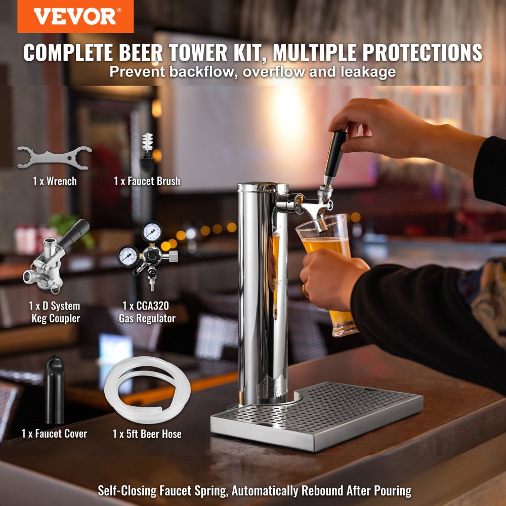 AMITOOLS Kegerator Tower Kit, Single Tap Beer Conversion Kit, Stainless Steel Keg Beer Tower Dispenser with Dual Gauge CGA320 Regulator & D-System Keg Coupler, Beer Drip Tray for Party Home