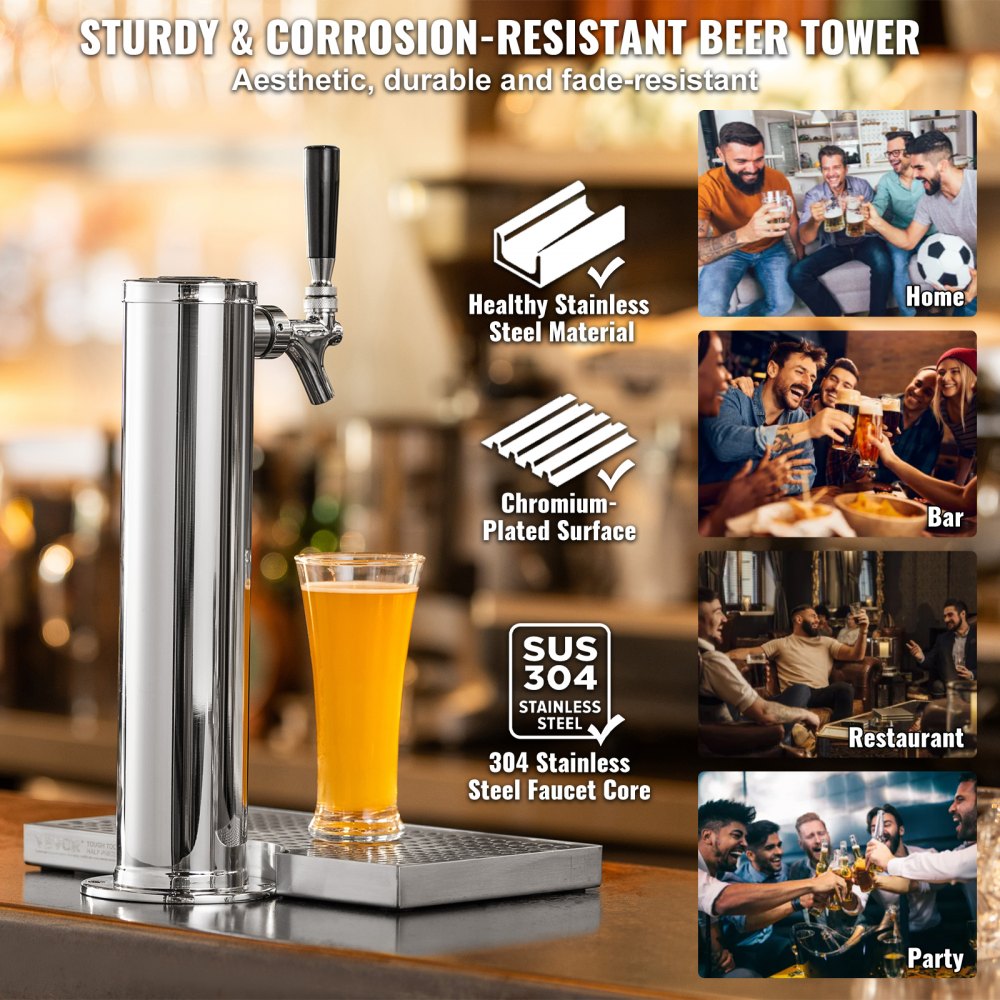 AMITOOLS Kegerator Tower Kit, Single Tap Beer Conversion Kit, Stainless Steel Keg Beer Tower Dispenser with Dual Gauge CGA320 Regulator & D-System Keg Coupler, Beer Drip Tray for Party Home