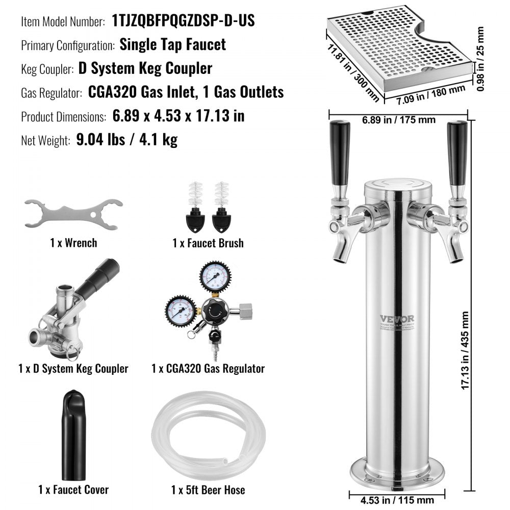 AMITOOLS Kegerator Tower Kit, Single Tap Beer Conversion Kit, Stainless Steel Keg Beer Tower Dispenser with Dual Gauge CGA320 Regulator & D-System Keg Coupler, Beer Drip Tray for Party Home