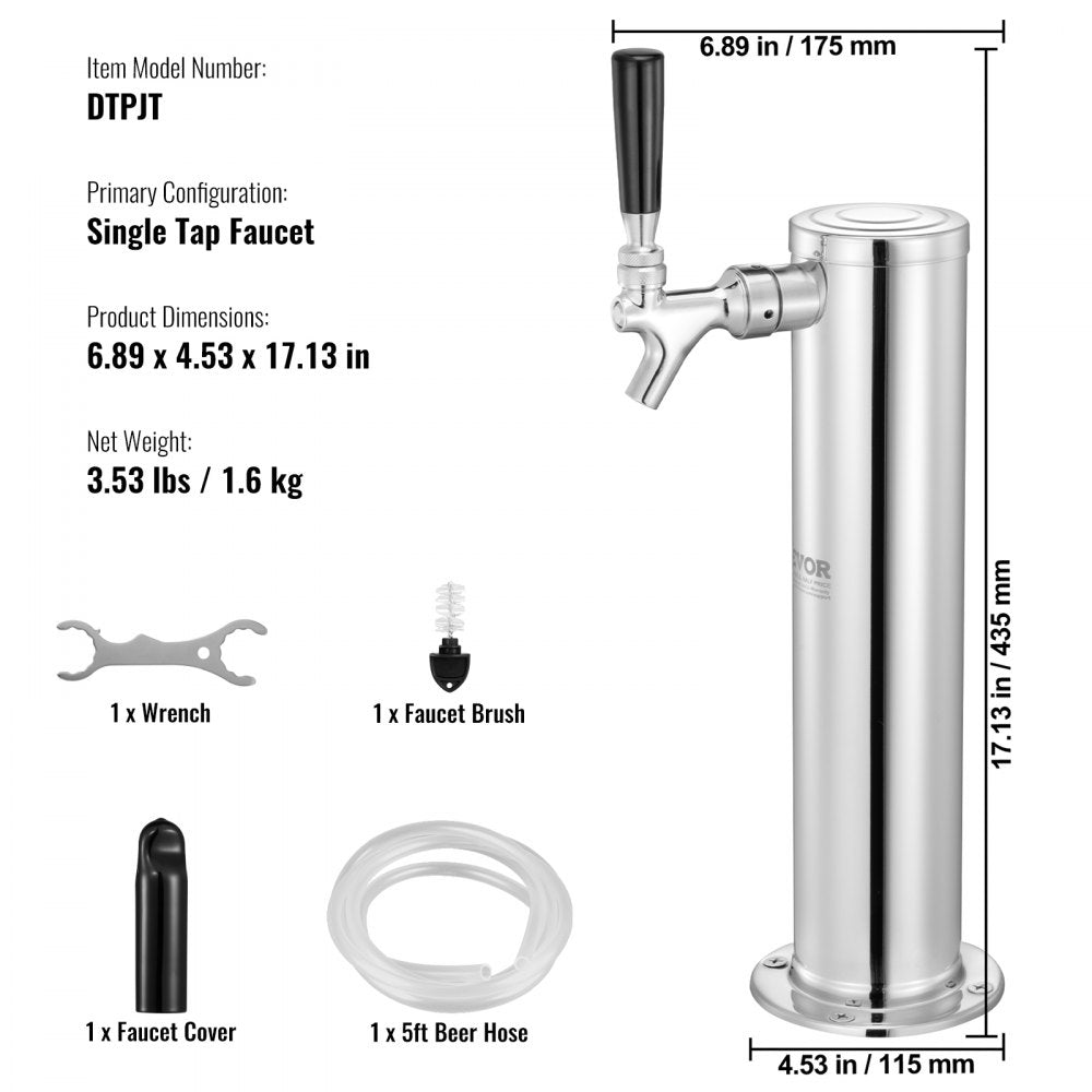 AMITOOLS Single Faucet Draft Beer Tower Dispenser, Stainless Steel Keg Beer Tower, Kegerator Tower Kit with Pre-Assembled Tubing and Self-Closing Faucet Shank for Party, Bar, Pub, Restaurant