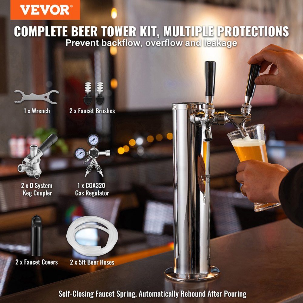 AMITOOLS Kegerator Tower Kit, Dual Taps Beer Conversion Kit, Stainless Steel Keg Beer Tower Dispenser with Dual Gauge CGA320 Regulator & D-System Keg Coupler, Self-Closing Spring for Party Bar Home