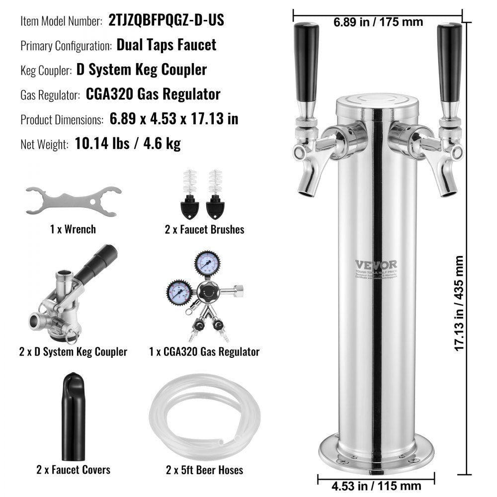 AMITOOLS Kegerator Tower Kit, Dual Taps Beer Conversion Kit, Stainless Steel Keg Beer Tower Dispenser with Dual Gauge CGA320 Regulator & D-System Keg Coupler, Self-Closing Spring for Party Bar Home