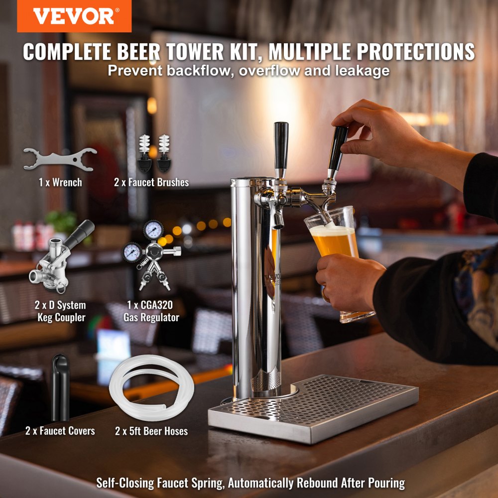 AMITOOLS Kegerator Tower Kit, Dual Taps Beer Conversion Kit, Stainless Steel Keg Beer Tower Dispenser with Dual Gauge CGA320 Regulator & D-System Keg Coupler, Beer Drip Tray for Party Home