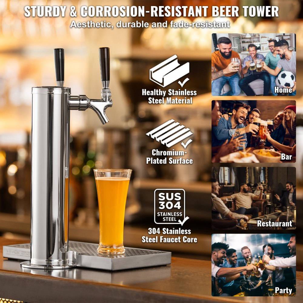 AMITOOLS Kegerator Tower Kit, Dual Taps Beer Conversion Kit, Stainless Steel Keg Beer Tower Dispenser with Dual Gauge CGA320 Regulator & D-System Keg Coupler, Beer Drip Tray for Party Home