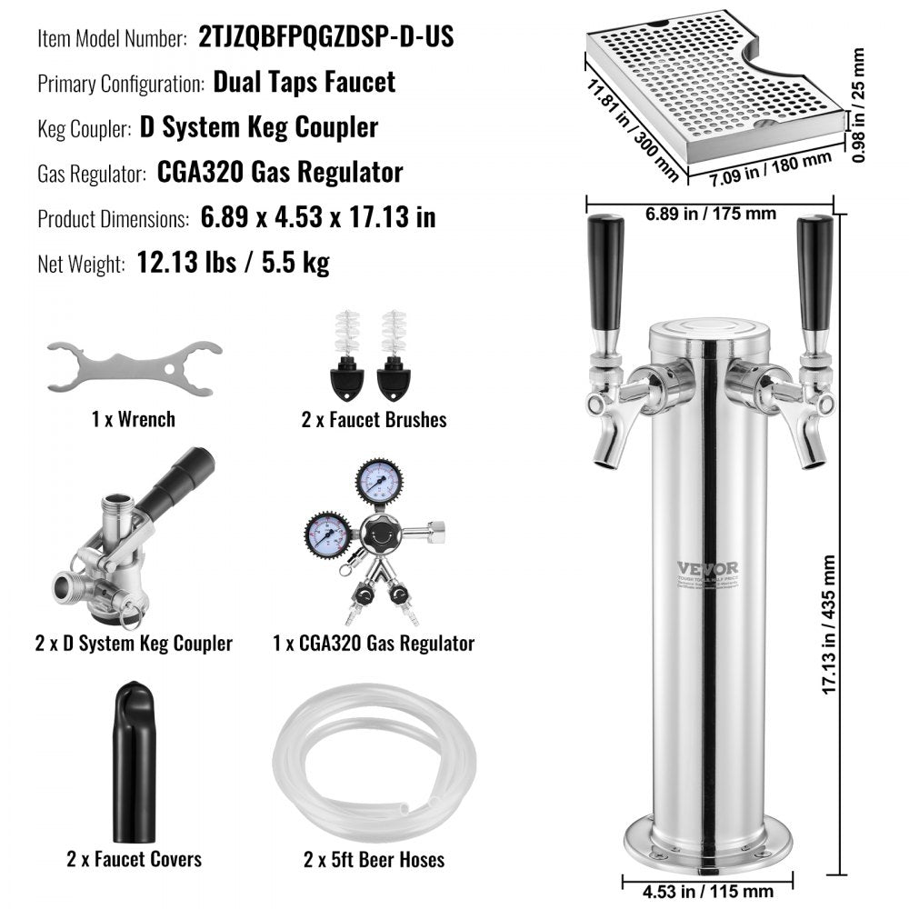 AMITOOLS Kegerator Tower Kit, Dual Taps Beer Conversion Kit, Stainless Steel Keg Beer Tower Dispenser with Dual Gauge CGA320 Regulator & D-System Keg Coupler, Beer Drip Tray for Party Home