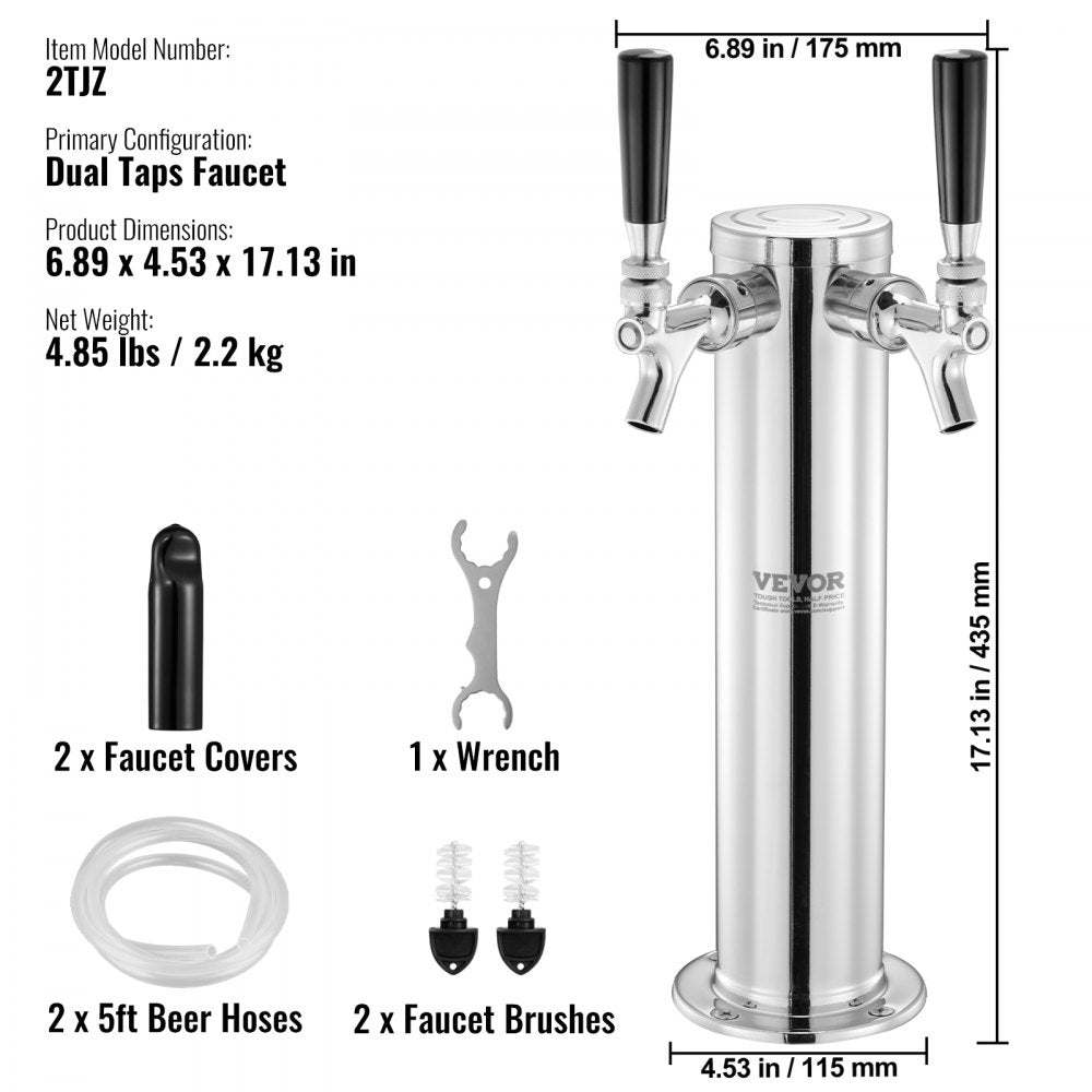 AMITOOLS Dual Taps Draft Beer Tower Dispenser, Stainless Steel Keg Beer Tower, Kegerator Tower Kit with Pre-Assembled Tubing and Self-Closing Faucet Shanks for Party, Bar, Pub, Restaurant