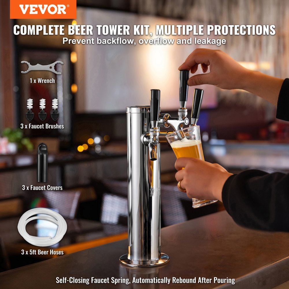 AMITOOLS Triple Taps Draft Beer Tower Dispenser, Stainless Steel Keg Beer Tower, Kegerator Tower Kit with Pre-Assembled Tubing and Self-Closing Faucet Shanks for Party, Bar, Pub, Restaurant