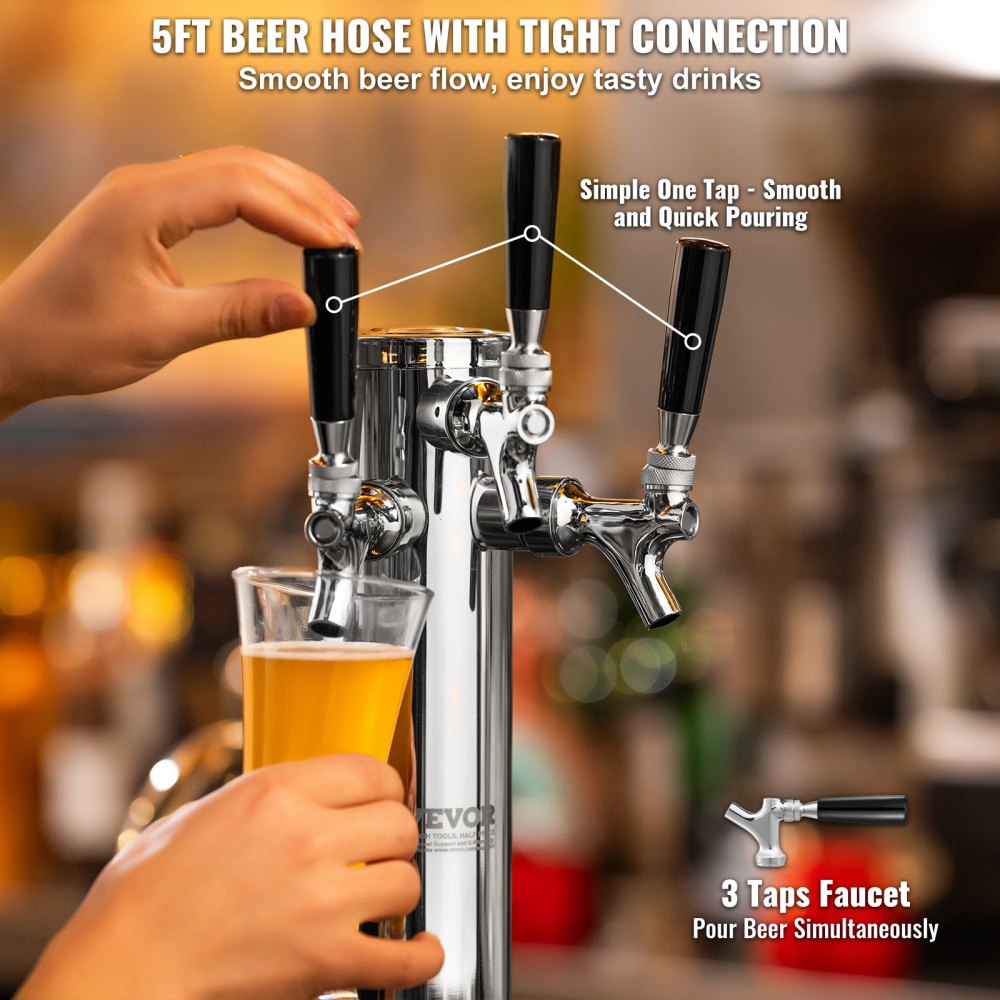 AMITOOLS Triple Taps Draft Beer Tower Dispenser, Stainless Steel Keg Beer Tower, Kegerator Tower Kit with Pre-Assembled Tubing and Self-Closing Faucet Shanks for Party, Bar, Pub, Restaurant