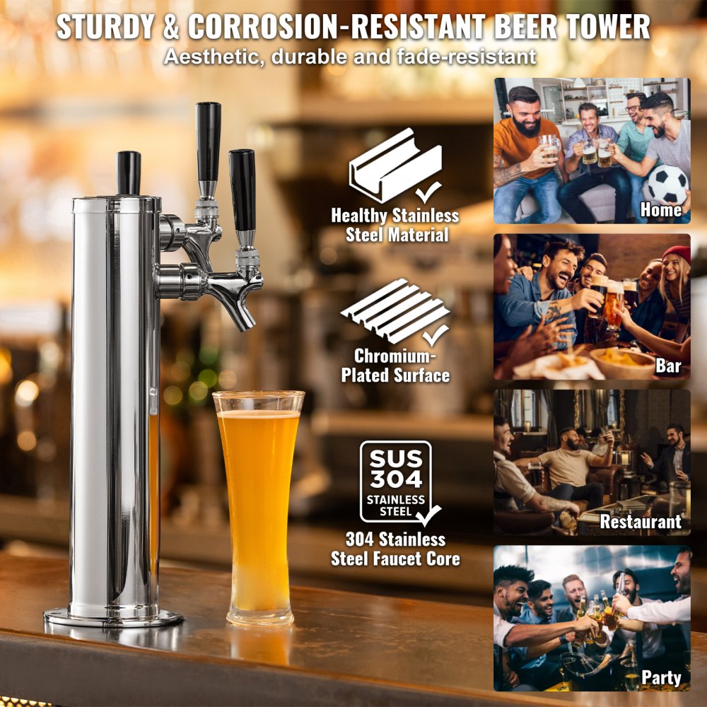 AMITOOLS Triple Taps Draft Beer Tower Dispenser, Stainless Steel Keg Beer Tower, Kegerator Tower Kit with Pre-Assembled Tubing and Self-Closing Faucet Shanks for Party, Bar, Pub, Restaurant