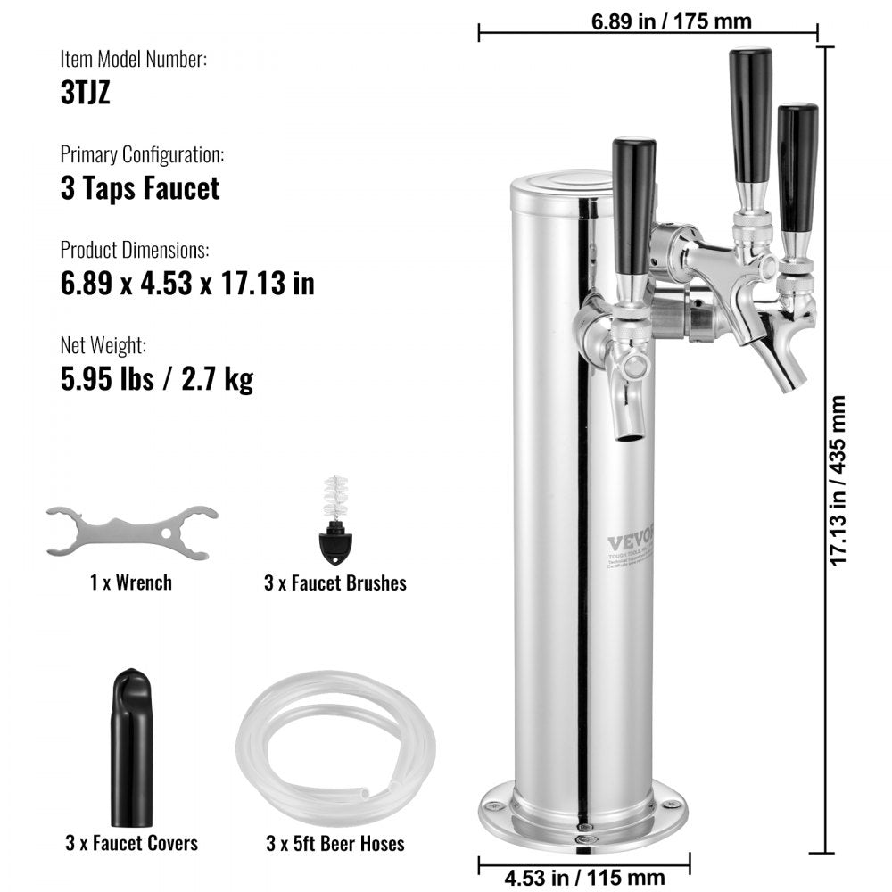 AMITOOLS Triple Taps Draft Beer Tower Dispenser, Stainless Steel Keg Beer Tower, Kegerator Tower Kit with Pre-Assembled Tubing and Self-Closing Faucet Shanks for Party, Bar, Pub, Restaurant