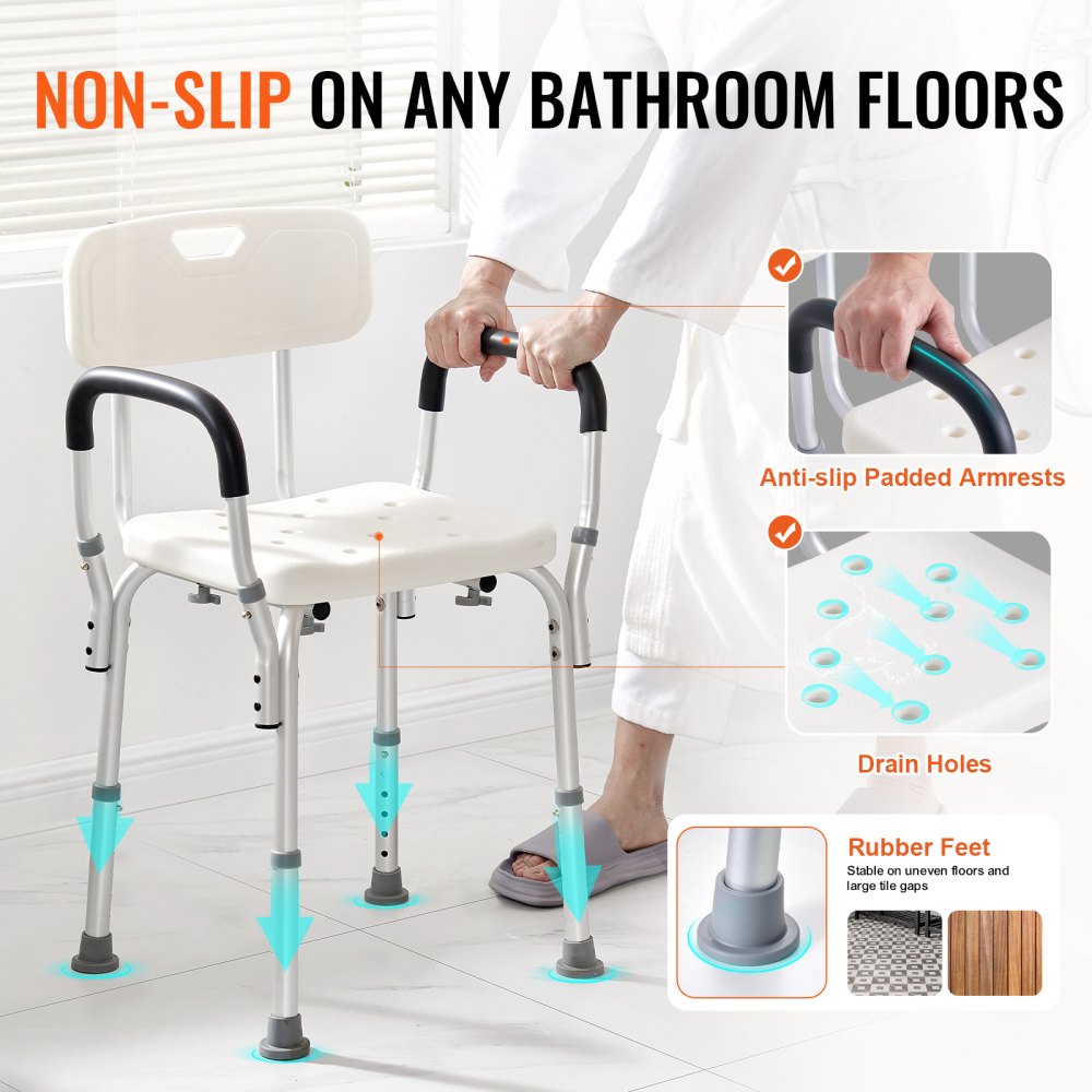 AMITOOLS Shower Chair, Shower Seat with Back, Adjustable Height Shower Stool, Shower Chair for Inside Shower Bathtub, Non-slip Bathroom Bench Bath Chair for Elderly Disabled Handicap, 350 LBS Capacity