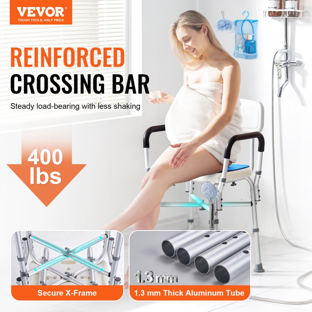 AMITOOLS Shower Chair Seat with Padded Arms and Back, Shower Stool with Reinforced CrossBar, Adjustable Height Bench Bath Chair for Elderly Disabled, Shower Chair for Inside Shower Bathtub, 400 lbs