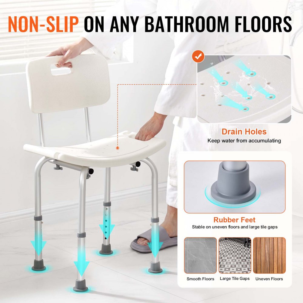 AMITOOLS Shower Chair, Shower Seat with Back, Adjustable Height Shower Stool, Shower Chair for Inside Shower Bathtub, Non-slip Bathroom Bench Bath Chair for Elderly Disabled Handicap, 350 lbs Capacity