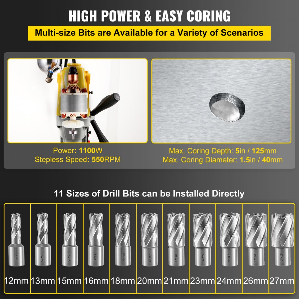 AMITOOLS 1100W Magnetic Drill Press with 1-1/2 Inch (40mm) Boring Diameter MD40 Magnetic Drill Press Machine 2810 LBS Magnetic Force Magnetic Drilling System 670 RPM with 11 Pcs HSS Annular Cutter Kit