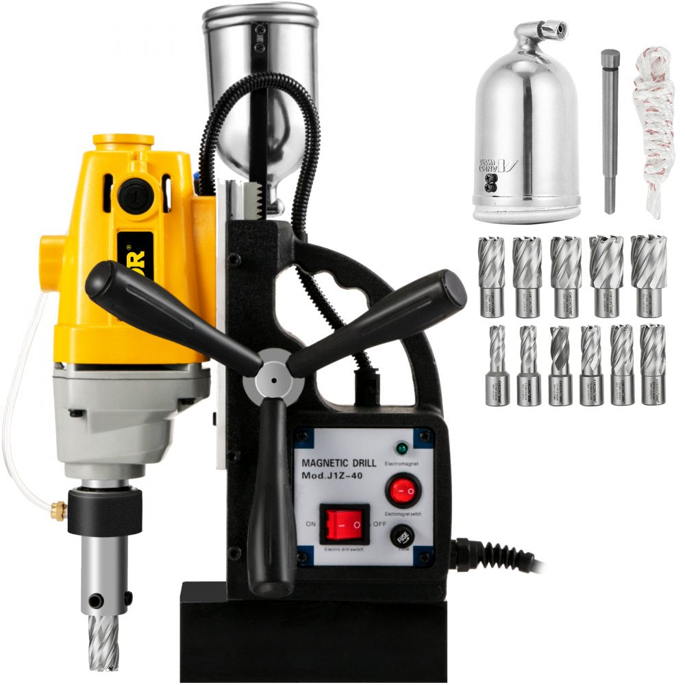 AMITOOLS 1100W Magnetic Drill Press with 1-1/2 Inch (40mm) Boring Diameter MD40 Magnetic Drill Press Machine 2810 LBS Magnetic Force Magnetic Drilling System 670 RPM with 11 Pcs HSS Annular Cutter Kit