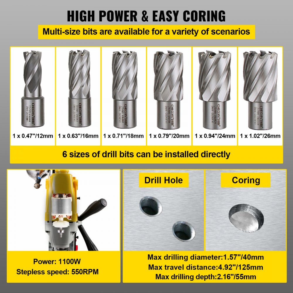 AMITOOLS 1100W Magnetic Drill Press with 1-1/2 Inch (40mm) Boring Diameter MD40 Magnetic Drill Press Machine 2810 LBS Magnetic Force Magnetic Drilling System 670 RPM with 6 Pcs HSS Annular Cutter Kit