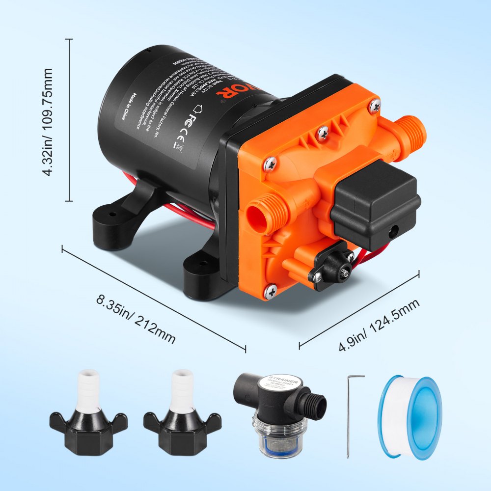 AMITOOLS Water Diaphragm Pump, 12V DC, 3.5 GPM Flow, 55 PSI Rated Pressure (40-80 PSI Adjustable), 1/2