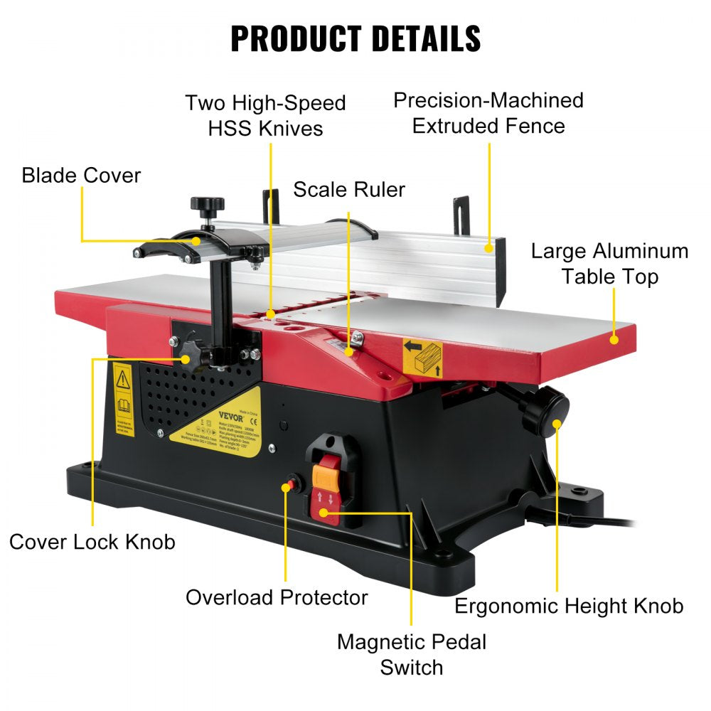 AMITOOLS Woodworking Benchtop Jointers 6inch with 1650W Motor,Heavy Duty Benchtop Planer Precise Cutterhead 2000rpm ,2 Push Blocks Fence Depth Scale,Large Aluminum Work Table for Woodworking