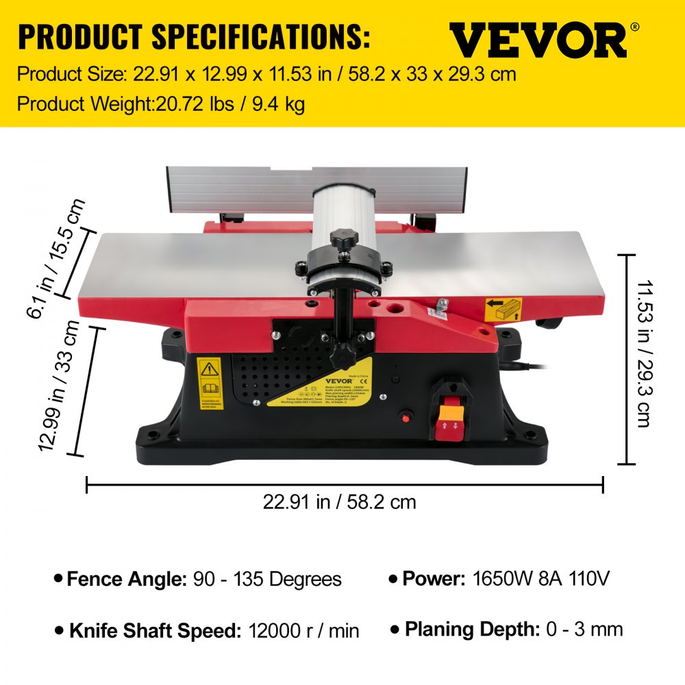 AMITOOLS Woodworking Benchtop Jointers 6inch with 1650W Motor,Heavy Duty Benchtop Planer Precise Cutterhead 2000rpm ,2 Push Blocks Fence Depth Scale,Large Aluminum Work Table for Woodworking