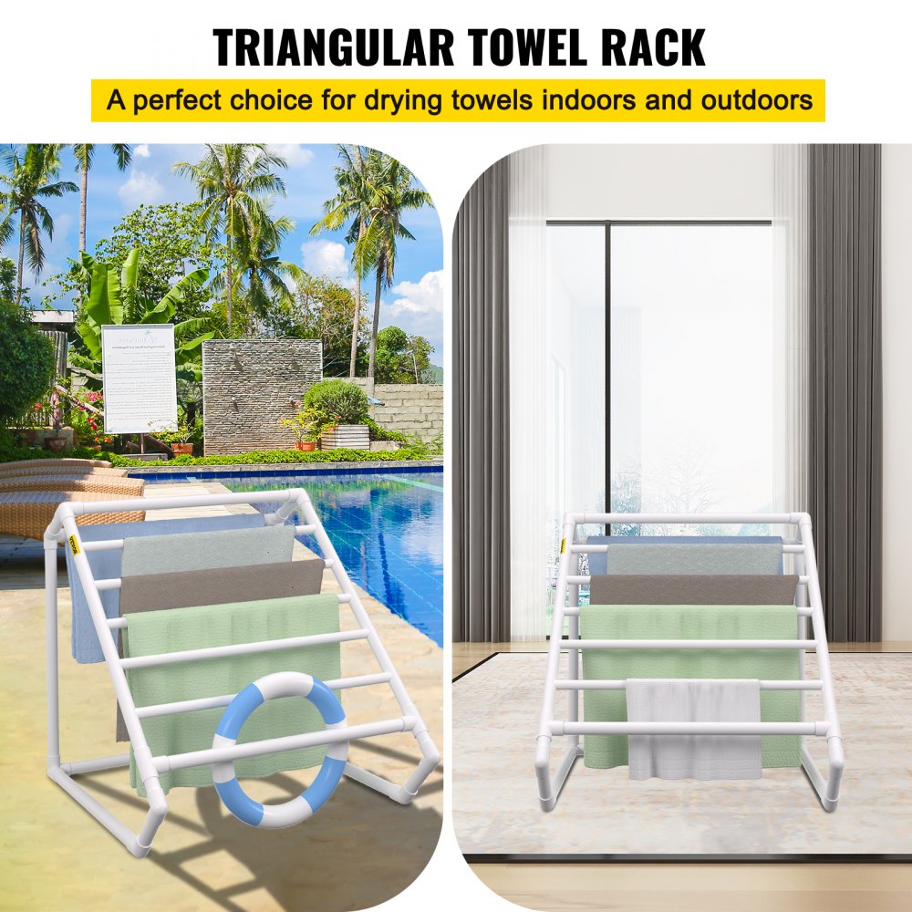 AMITOOLS Pool Towel Rack, 8 Bar, White, Freestanding Outdoor PVC Triangular Poolside Storage Organizer, Include 8 Towel Clips, Mesh Bag, Hook, Also Stores Floats and Paddles, for Beach, Swimming Pool