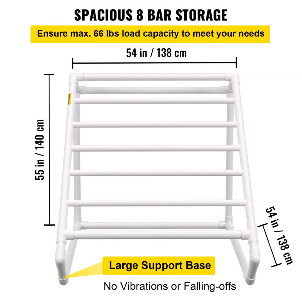 AMITOOLS Pool Towel Rack, 8 Bar, White, Freestanding Outdoor PVC Triangular Poolside Storage Organizer, Include 8 Towel Clips, Mesh Bag, Hook, Also Stores Floats and Paddles, for Beach, Swimming Pool