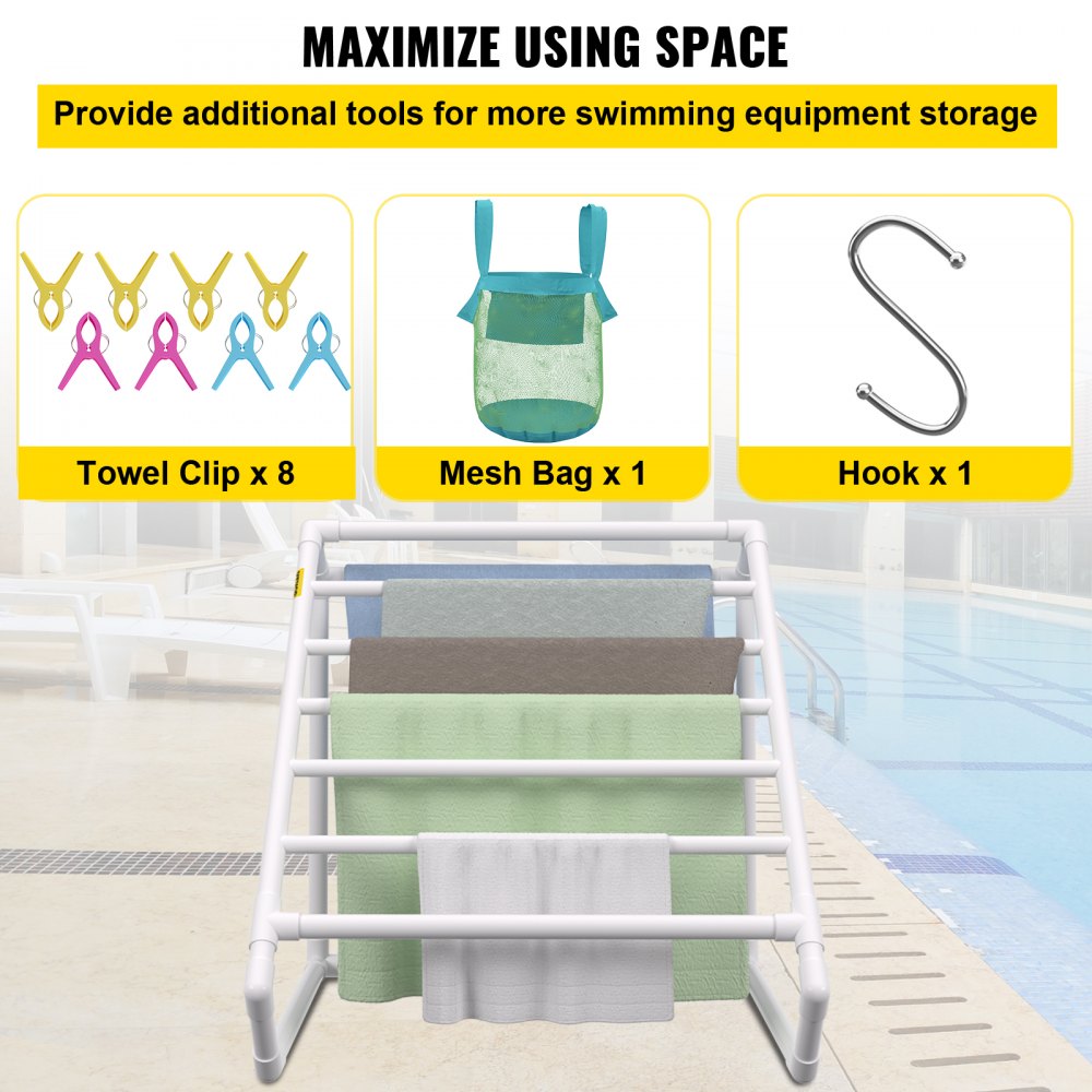 AMITOOLS Pool Towel Rack, 8 Bar, White, Freestanding Outdoor PVC Triangular Poolside Storage Organizer, Include 8 Towel Clips, Mesh Bag, Hook, Also Stores Floats and Paddles, for Beach, Swimming Pool