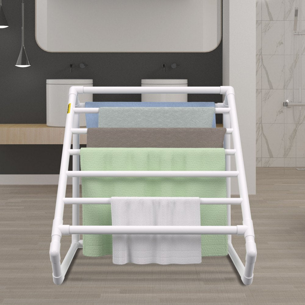 AMITOOLS Pool Towel Rack, 8 Bar, White, Freestanding Outdoor PVC Triangular Poolside Storage Organizer, Include 8 Towel Clips, Mesh Bag, Hook, Also Stores Floats and Paddles, for Beach, Swimming Pool