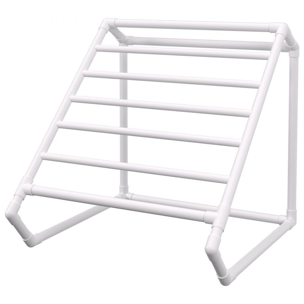 AMITOOLS Pool Towel Rack, 8 Bar, White, Freestanding Outdoor PVC Triangular Poolside Storage Organizer, Include 8 Towel Clips, Mesh Bag, Hook, Also Stores Floats and Paddles, for Beach, Swimming Pool