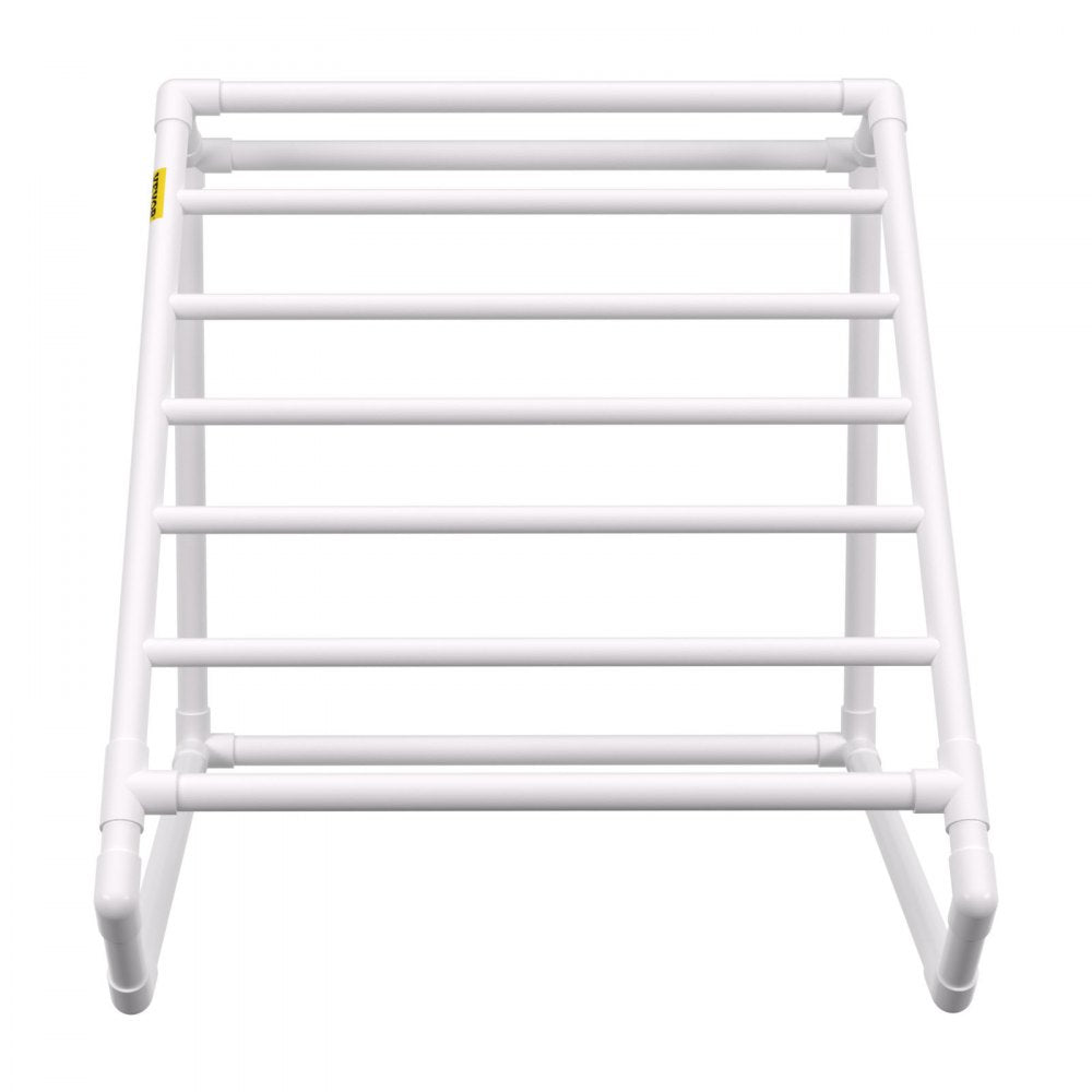 AMITOOLS Pool Towel Rack, 8 Bar, White, Freestanding Outdoor PVC Triangular Poolside Storage Organizer, Include 8 Towel Clips, Mesh Bag, Hook, Also Stores Floats and Paddles, for Beach, Swimming Pool