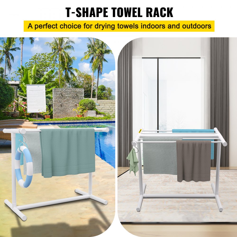 AMITOOLS Pool Towel Rack, 5 Bar, White, Freestanding Outdoor PVC T-Shape Poolside Storage Organizer, Include 8 Towel Clips, Mesh Bag, Hook, Also Stores Floats and Paddles, for Beach, Swimming Pool, Home