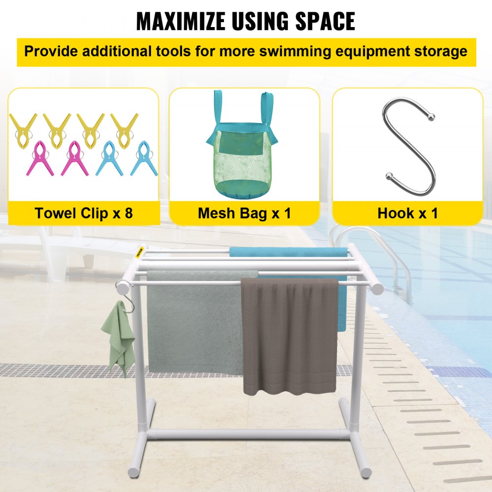 AMITOOLS Pool Towel Rack, 5 Bar, White, Freestanding Outdoor PVC T-Shape Poolside Storage Organizer, Include 8 Towel Clips, Mesh Bag, Hook, Also Stores Floats and Paddles, for Beach, Swimming Pool, Home