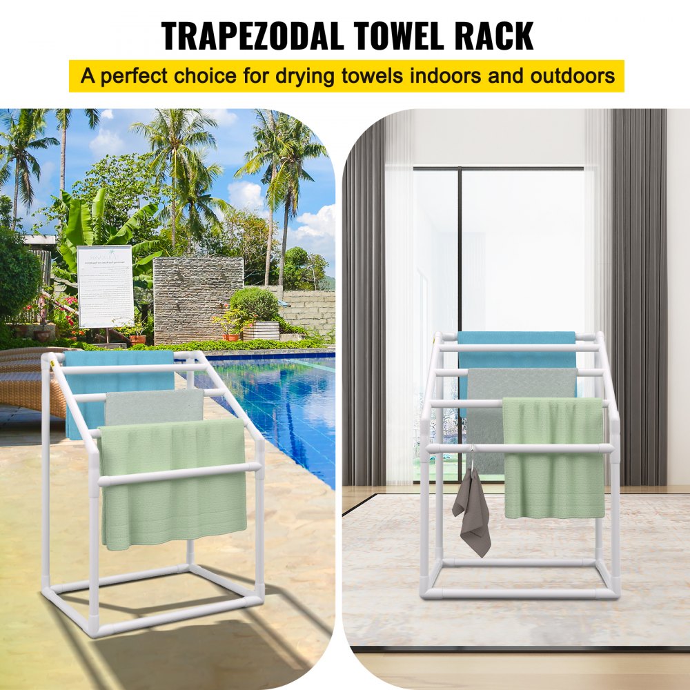 AMITOOLS Pool Towel Rack, 5 Bar, White, Freestanding Outdoor PVC Trapedozal Poolside Storage Organizer, Include 8 Towel Clips, Mesh Bag, Hook, Also Stores Floats and Paddles, for Beach, Swimming Pool