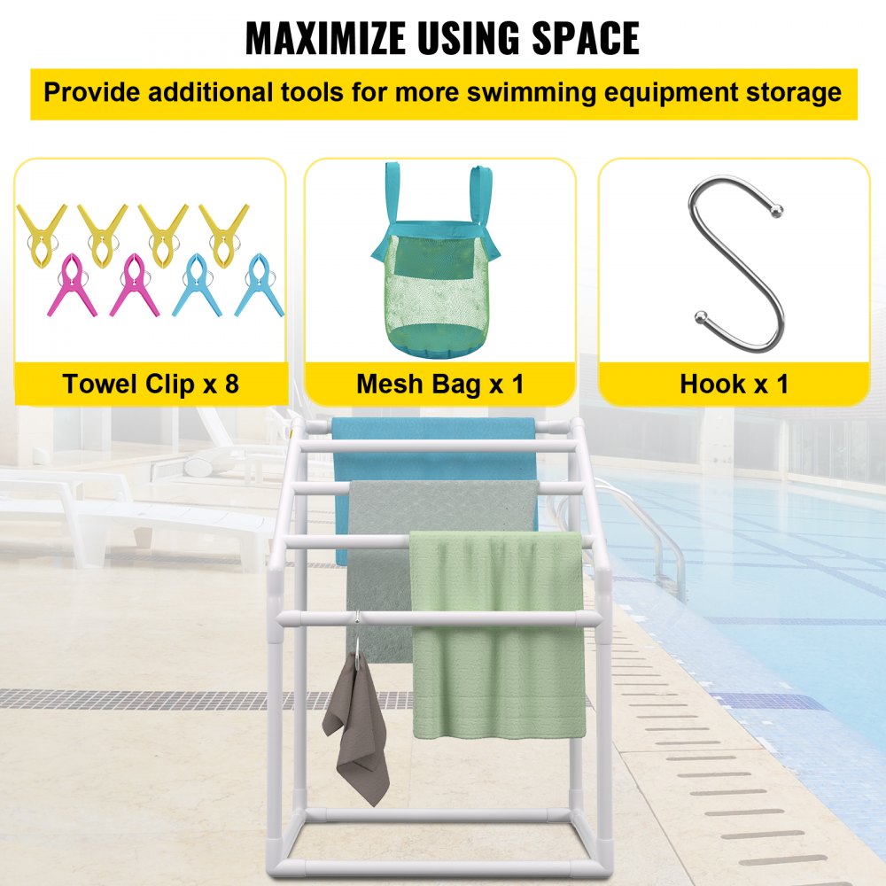 AMITOOLS Pool Towel Rack, 5 Bar, White, Freestanding Outdoor PVC Trapedozal Poolside Storage Organizer, Include 8 Towel Clips, Mesh Bag, Hook, Also Stores Floats and Paddles, for Beach, Swimming Pool