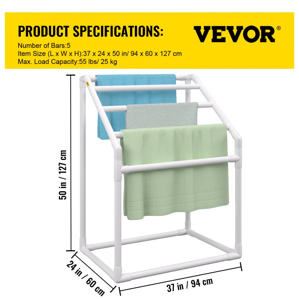 AMITOOLS Pool Towel Rack, 5 Bar, White, Freestanding Outdoor PVC Trapedozal Poolside Storage Organizer, Include 8 Towel Clips, Mesh Bag, Hook, Also Stores Floats and Paddles, for Beach, Swimming Pool