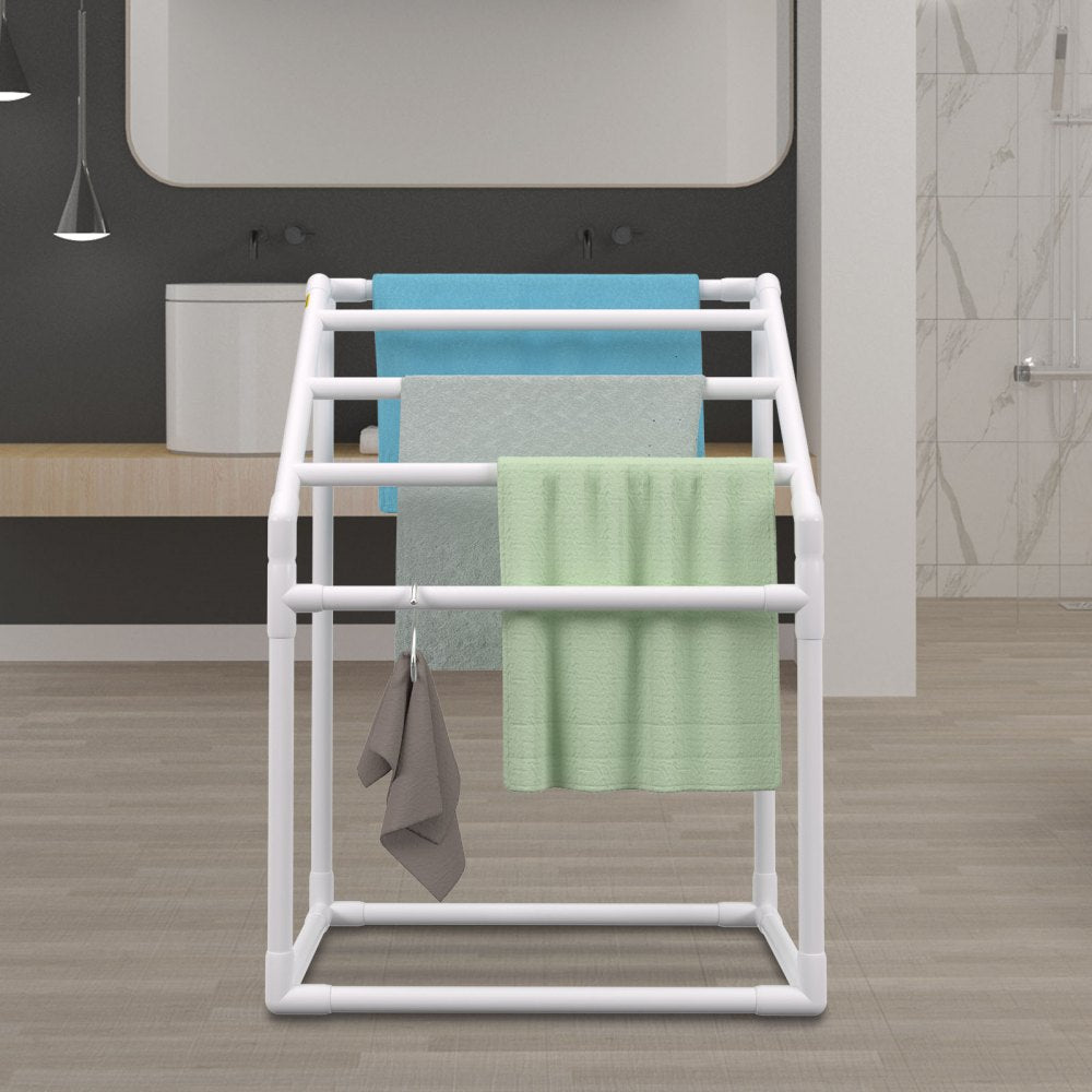 AMITOOLS Pool Towel Rack, 5 Bar, White, Freestanding Outdoor PVC Trapedozal Poolside Storage Organizer, Include 8 Towel Clips, Mesh Bag, Hook, Also Stores Floats and Paddles, for Beach, Swimming Pool