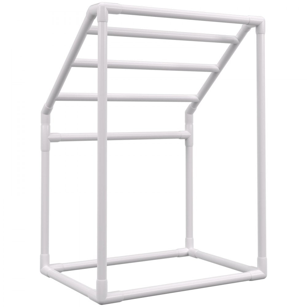 AMITOOLS Pool Towel Rack, 5 Bar, White, Freestanding Outdoor PVC Trapedozal Poolside Storage Organizer, Include 8 Towel Clips, Mesh Bag, Hook, Also Stores Floats and Paddles, for Beach, Swimming Pool