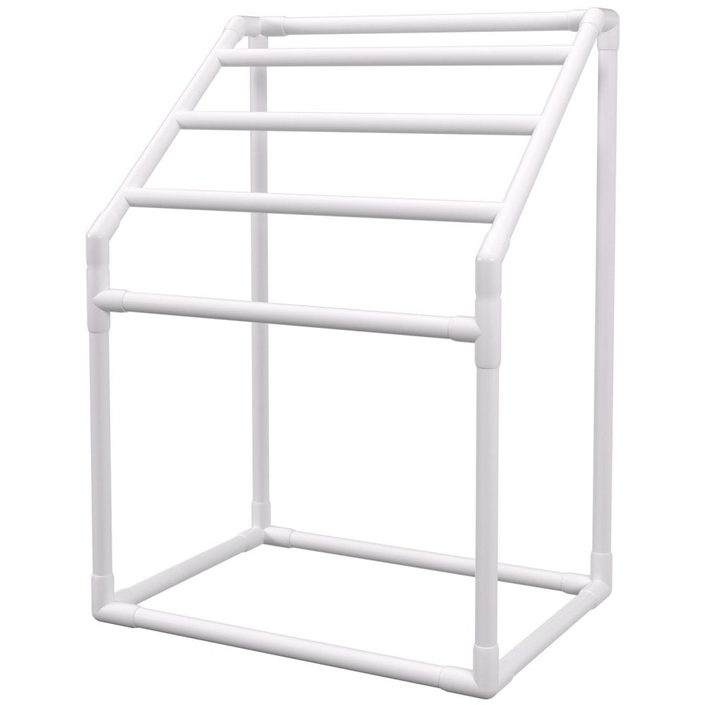 AMITOOLS Pool Towel Rack, 5 Bar, White, Freestanding Outdoor PVC Trapedozal Poolside Storage Organizer, Include 8 Towel Clips, Mesh Bag, Hook, Also Stores Floats and Paddles, for Beach, Swimming Pool